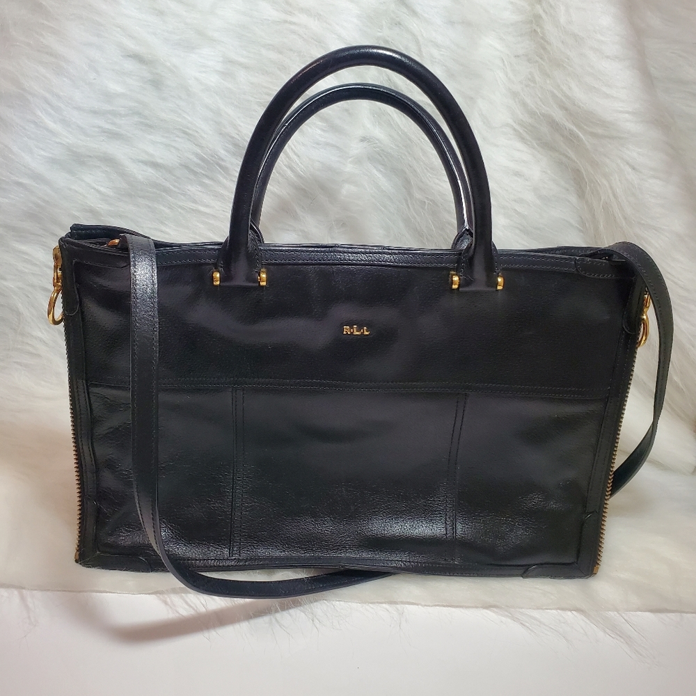 Lauren by Ralph Lauren Black Leather Satchel Tote Bag, Side Zippers to Expand - Picture 2 of 10